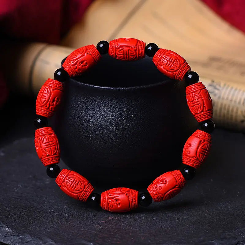 Chinese Red Organic Cinnabar Dragon Beads Elastic Bracelet Luck Amulet