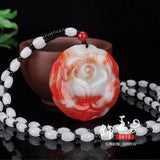 Chinese Red Jade Rose Pendant Flower Necklace Hand-Carved