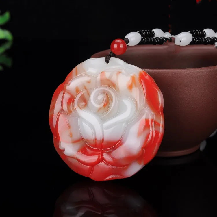 Chinese Red Jade Rose Pendant Flower Necklace Hand-Carved