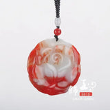 Chinese Red Jade Rose Pendant Flower Necklace Hand-Carved
