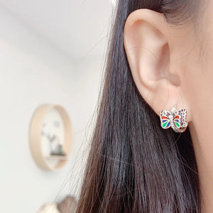 925 Silver Enamel Butterfly Piercing Earrings Vintage Insect Jewelry for Women