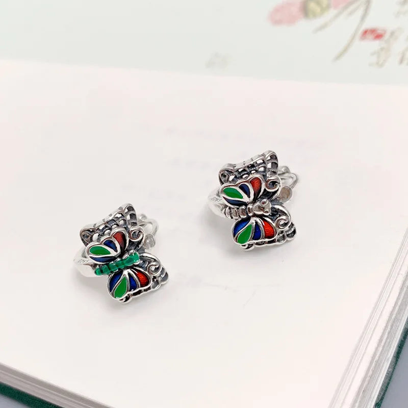 925 Silver Enamel Butterfly Piercing Earrings Vintage Insect Jewelry for Women