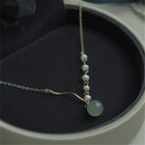 Chinese 925 Silver Hetian Jade Pendant Necklace Pearl Beads