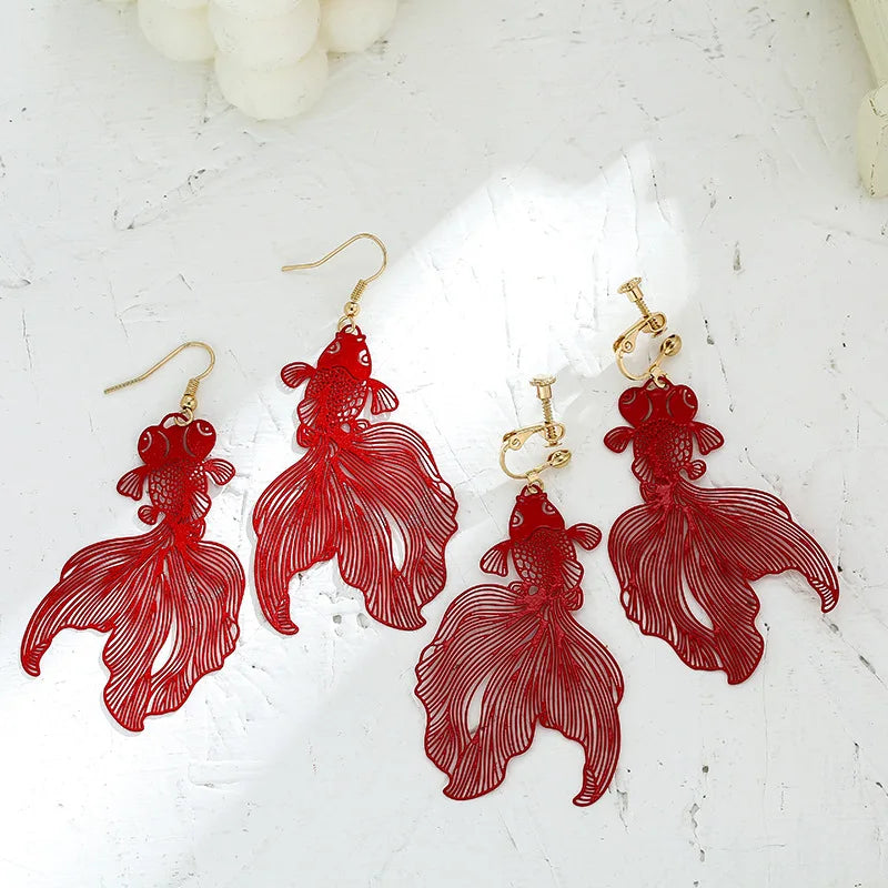 Red Goldfish Clip on Earrings Exaggerated Hollow Out Koi Fish Ear Clip