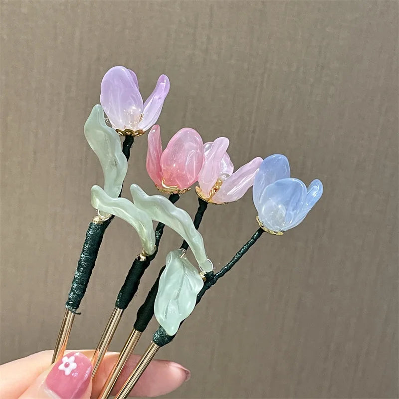 Chinese Style Flowers Hair Stick Vintage Metal Tulip Hairpin Headwear