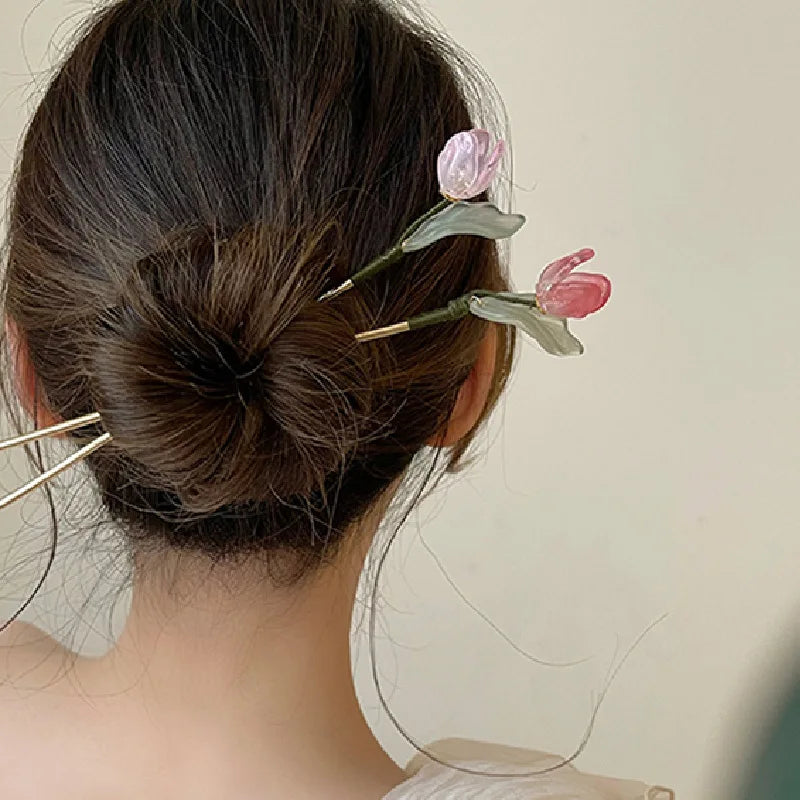 Chinese Style Flowers Hair Stick Vintage Metal Tulip Hairpin Headwear