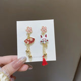 Chinese Style Fox Mask Pink Tassel Clip Earrings