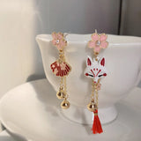 Chinese Style Fox Mask Pink Tassel Clip Earrings