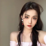 Chinese Style Fox Mask Pink Tassel Clip Earrings