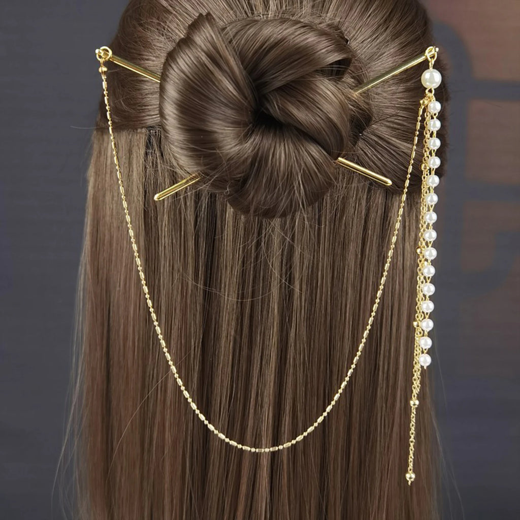 Chinese Style Hair Jewelry Metal Hair Sticks Forks Pearl Pendant