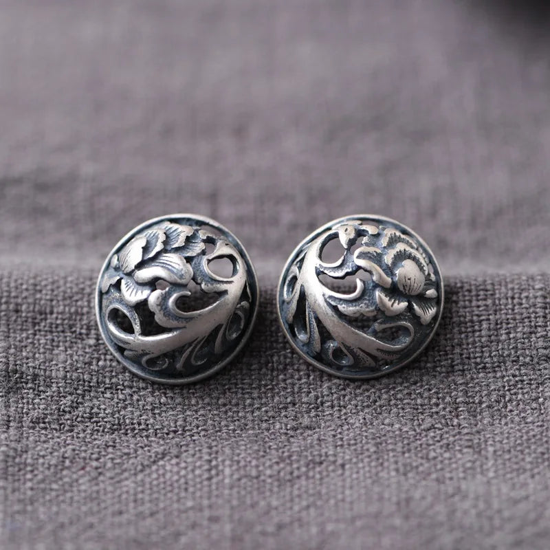 Chinese Style Hollow Silver Stud Earrings Asymmetry Style