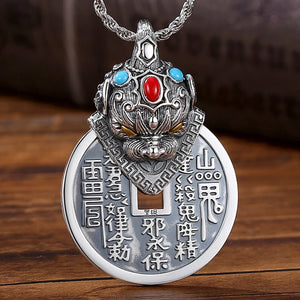 Chinese Style Lucky Pixiu Mountain Ghost Sterling Silver Men's Necklace