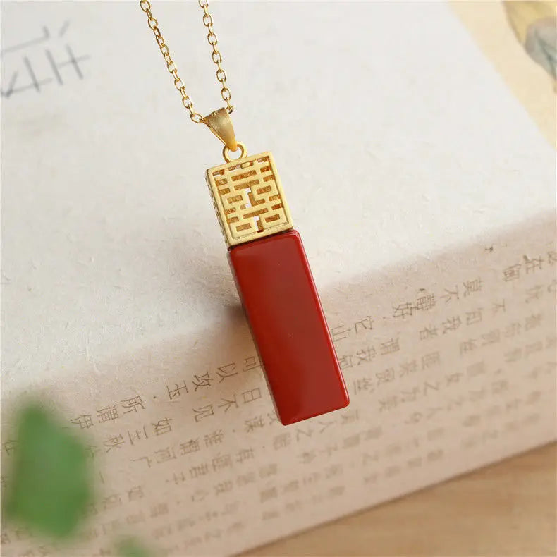 S925 Silver Red Agate Lucky Pendant Necklace Double Happiness Clavicle