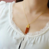 S925 Silver Red Agate Lucky Pendant Necklace Double Happiness Clavicle