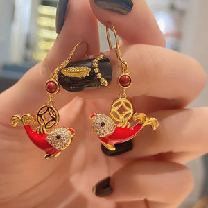 Chinese Palace Style Red Drop Glue Koi Earrings with Diamond