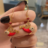 Chinese Palace Style Red Drop Glue Koi Earrings with Diamond