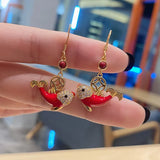 Chinese Palace Style Red Drop Glue Koi Earrings with Diamond