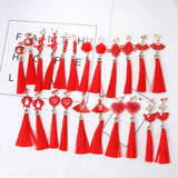Chinese Style Red Tassel Pendant Earrings Ethnic Geometric Charms Ear Jewelry