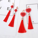 Chinese Style Red Tassel Pendant Earrings Ethnic Geometric Charms Ear Jewelry