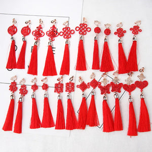 Chinese Style Red Tassel Pendant Earrings Ethnic Geometric Charms Ear Jewelry