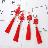 Chinese Style Red Tassel Pendant Earrings Ethnic Geometric Charms Ear Jewelry
