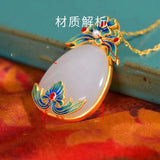 Chinese Style Vintage Flowers Clouds Carving Jade Enamel Pendant Necklace 14k