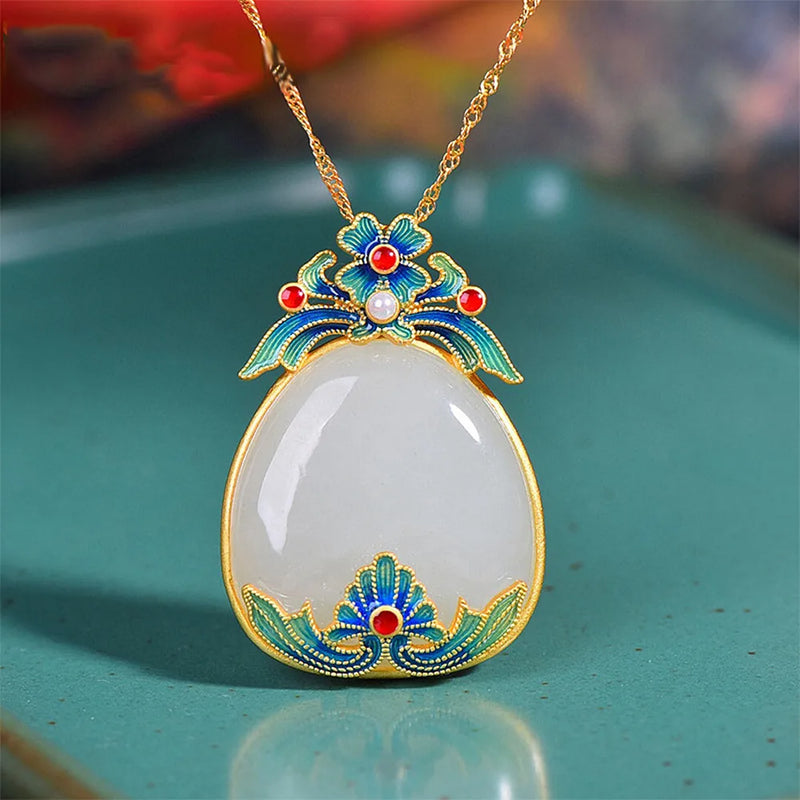 Chinese Style Vintage Flowers Clouds Carving Jade Enamel Pendant Necklace 14k
