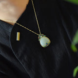 Chinese Style Vintage Flowers Clouds Carving Jade Enamel Pendant Necklace 14k