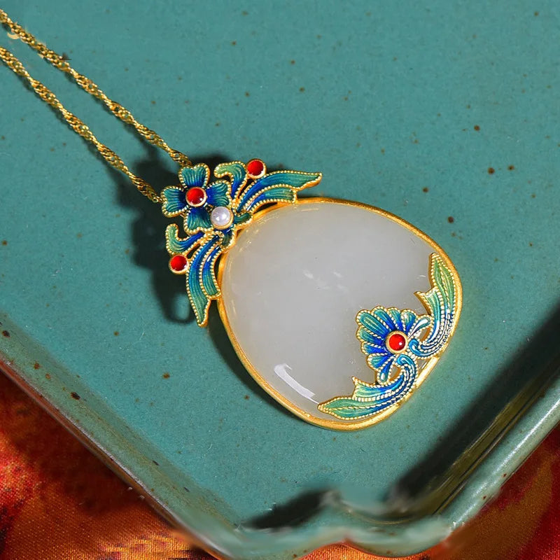 Chinese Style Vintage Flowers Clouds Carving Jade Enamel Pendant Necklace 14k