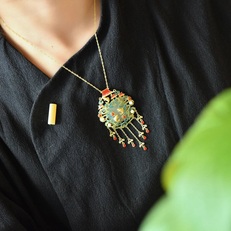Vintage Chinese Style Necklace with Hetian Jade Stone Pendant