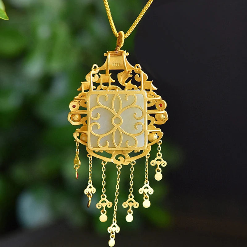 Vintage Chinese Style Necklace with Hetian Jade Stone Pendant