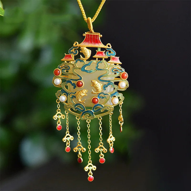 Vintage Chinese Style Necklace with Hetian Jade Stone Pendant