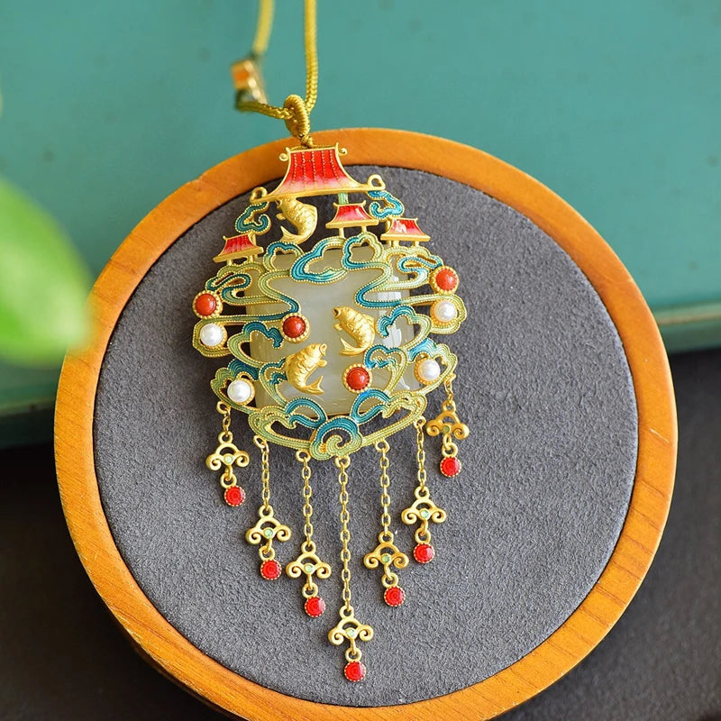 Vintage Chinese Style Necklace with Hetian Jade Stone Pendant