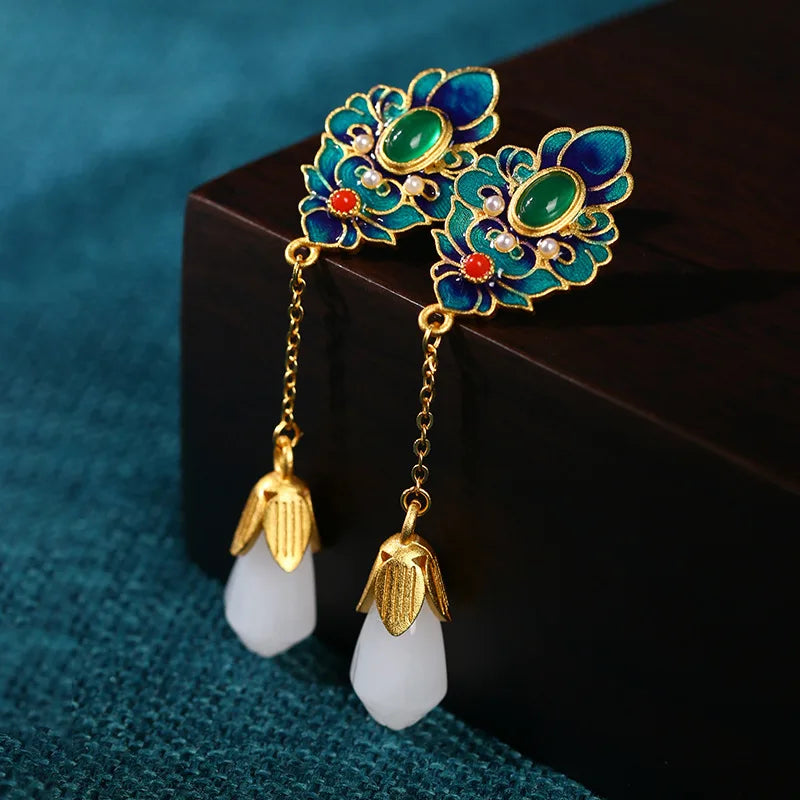 Chinese Style Magnolia Chain Earrings for Women
