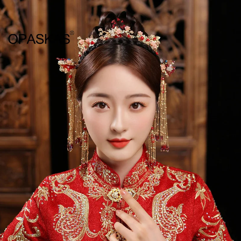 Vintage Chinese Wedding Hair Jewelry Set with Pearls & Tassel