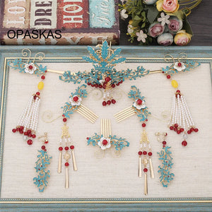 Vintage Chinese Wedding Hair Jewelry Set with Pearls & Tassel