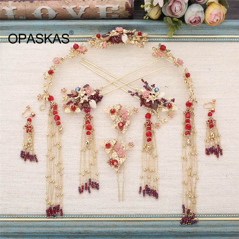 Vintage Chinese Wedding Hair Jewelry Set with Pearls & Tassel