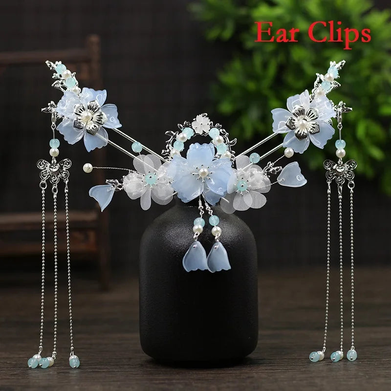 Chinese Wedding Jewelry Set Floral Tassel Hair Stick Fork Retro Hanfu Decor