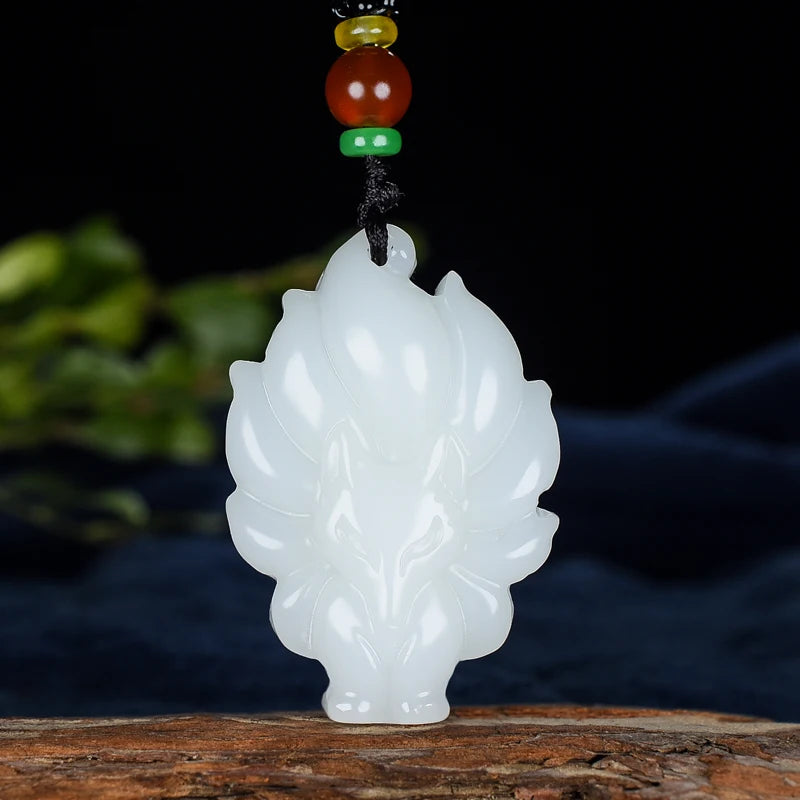 Chinese Jade 9 Tailed Fox Pendant Necklace Charm Jewellery