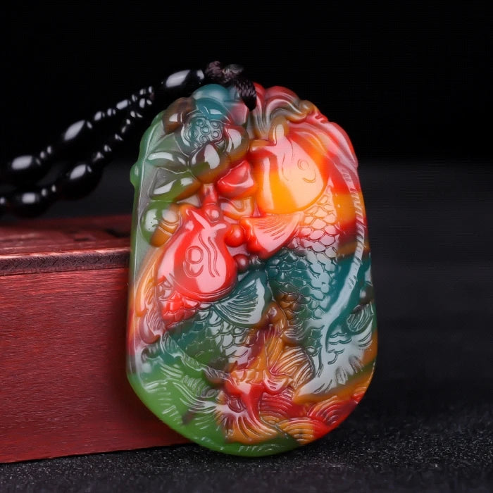 Xinjiang Colorful Jade Carp Pendant Necklace Hand-Carved Luck Amulet Chain