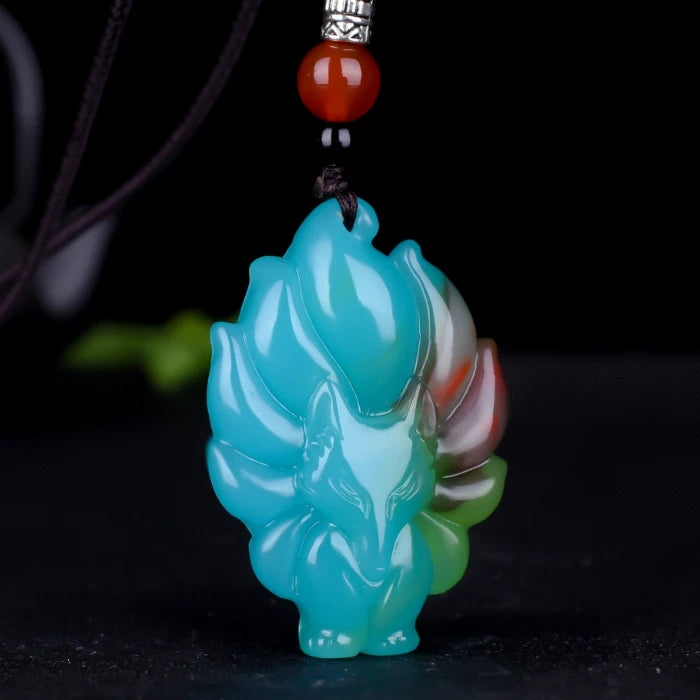Xinjiang Colorful Jade Nine Tailed Fox Pendant Necklace Charm Lucky Amulet
