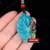 Xinjiang Colorful Jade Nine Tailed Fox Pendant Necklace Charm Lucky Amulet