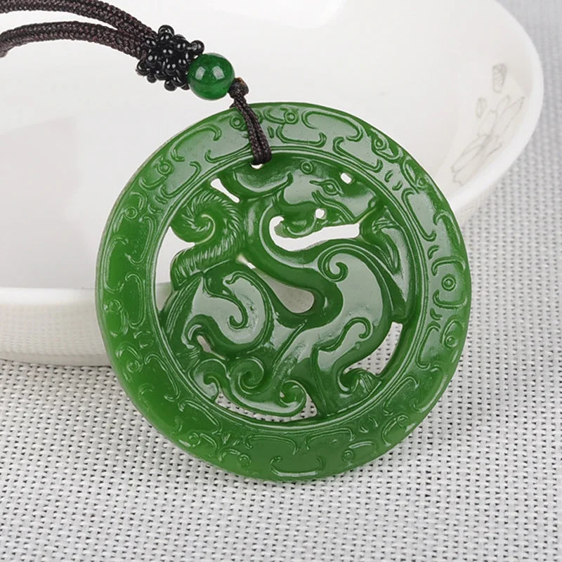Chinese Xinjiang Green Jade Dragon Pendant Necklace Amulet Luck Men