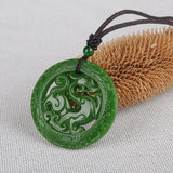 Chinese Xinjiang Green Jade Dragon Pendant Necklace Amulet Luck Men
