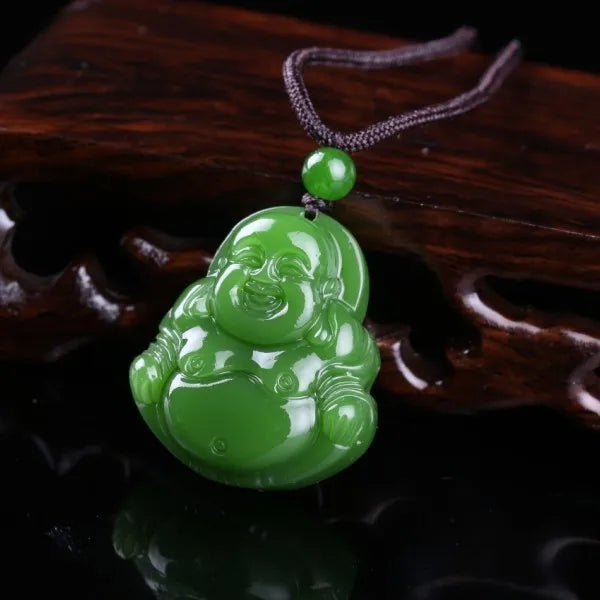 Chinese Xinjiang Green Jade Maitreya Buddha Pendant Necklace Amulet Luck