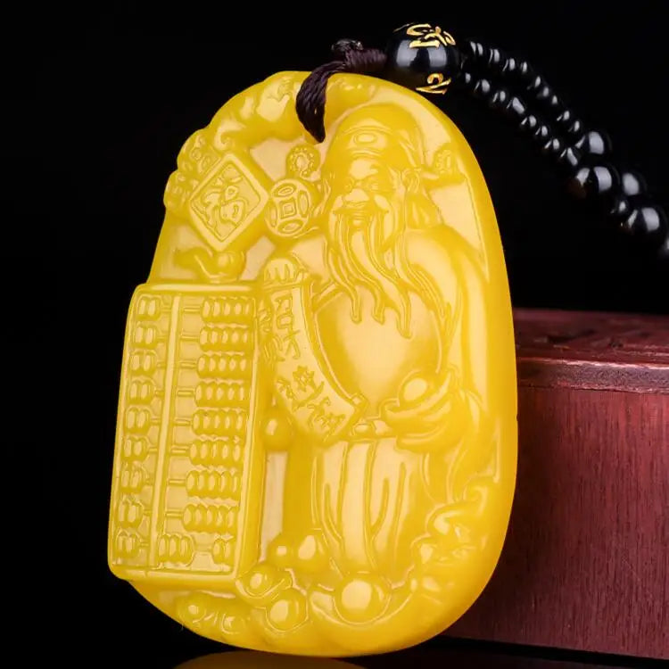 Chinese Yellow Jade Ruyi Abacus God Wealth Pendant Necklace