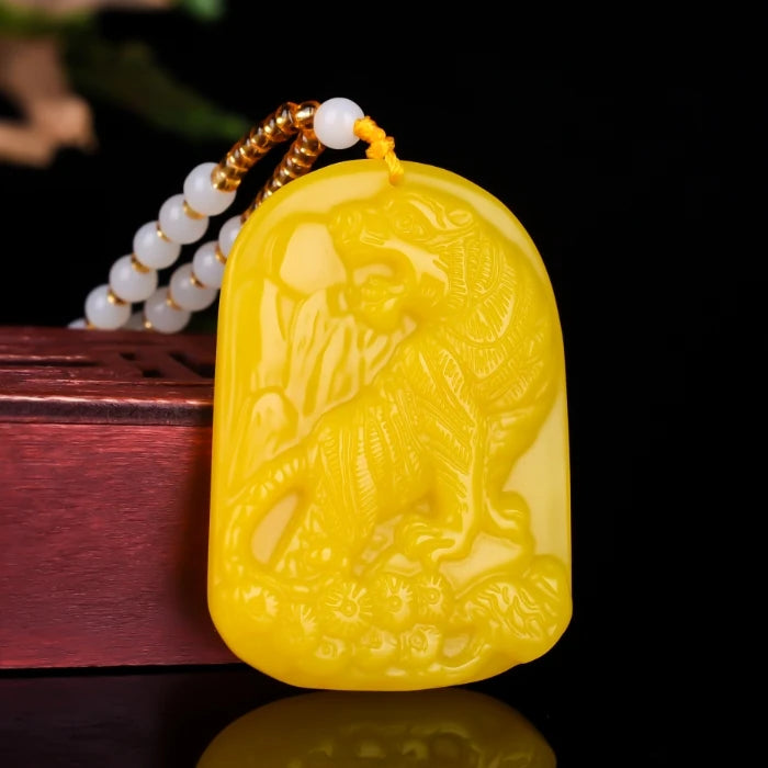Chinese Yellow Jade Zodiac Tiger Pendant Necklace Hand-Carved Luck Amulet