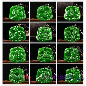 Chinese Zodiac Jade Pendant Necklace Men Women Jewelry Green Amulet