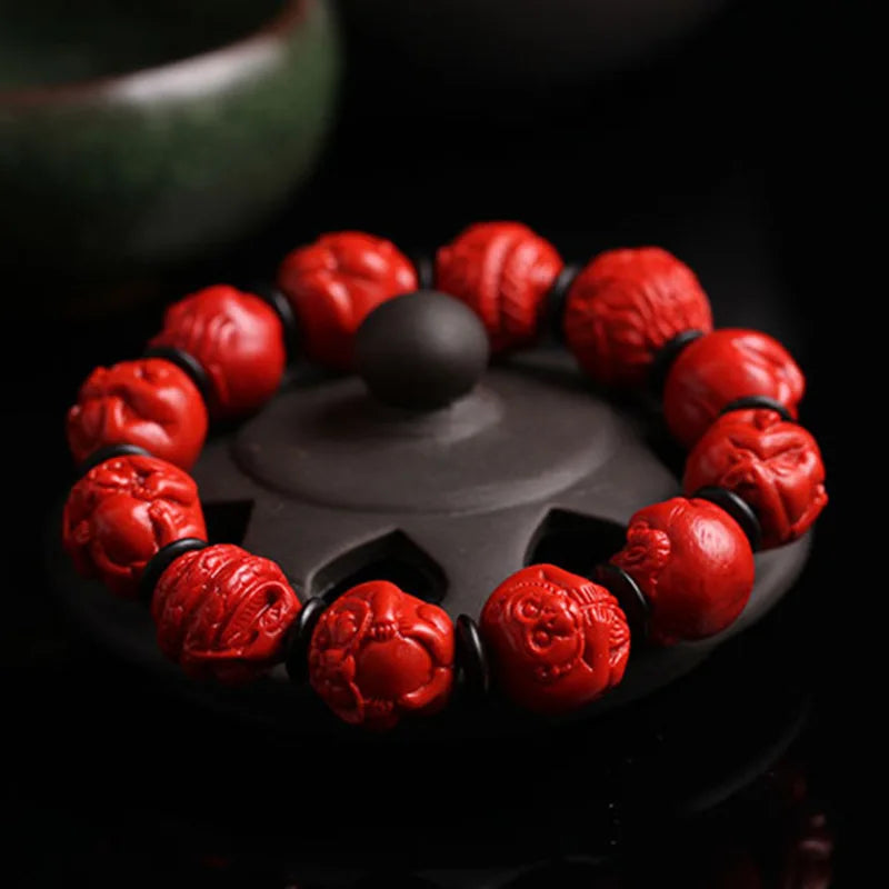 Chinese Zodiac Red Organic Cinnabar 14MM Beads Elastic Bracelet