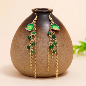 Chinese Hanfu Silver Earrings, Retro Style, Thin Face, Tassels, Long Fairy Green
